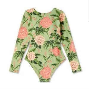 Agua Bendita Target Green, Pink Peony Print Long Sleeve Swim Suit